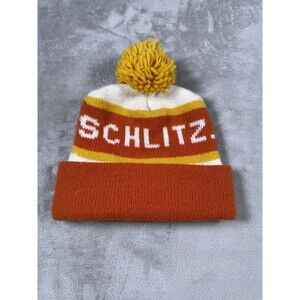Vintage Schlitz Beer Beanie Hat Pom Knit Orange Yellow Retro Brewery Style Cap